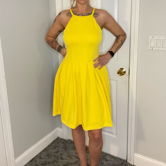Calvin Klein Yellow Pleated Skater Dress with High Neckline - Picture 2 of 14